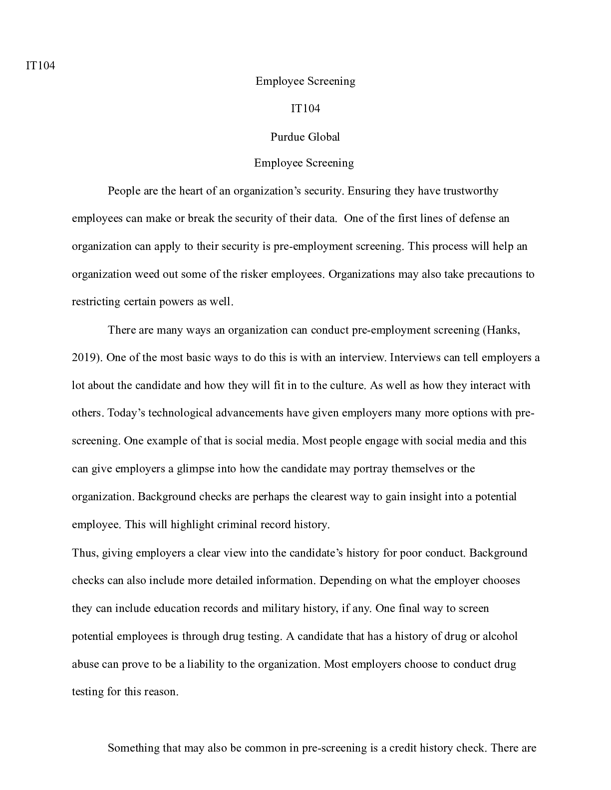 Preview image for IT104 Unit8 Assignment.docx(1)    IT104  Employee Screening IT104  Purdue Global  Employee